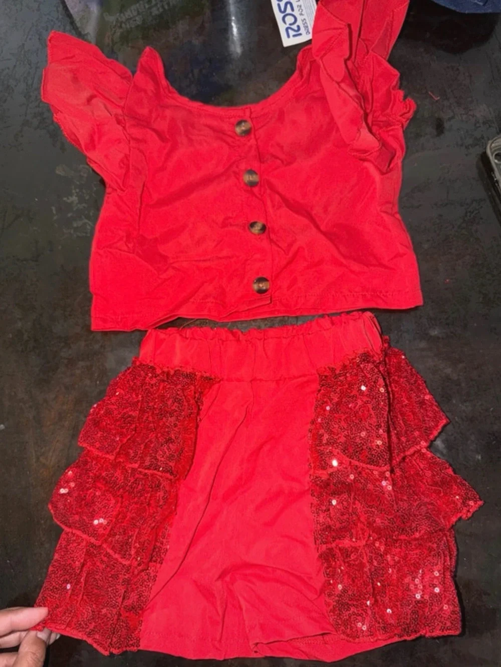 Girls Red Sequin Ruffle Dance Set – Two-Piece Performance Outfit